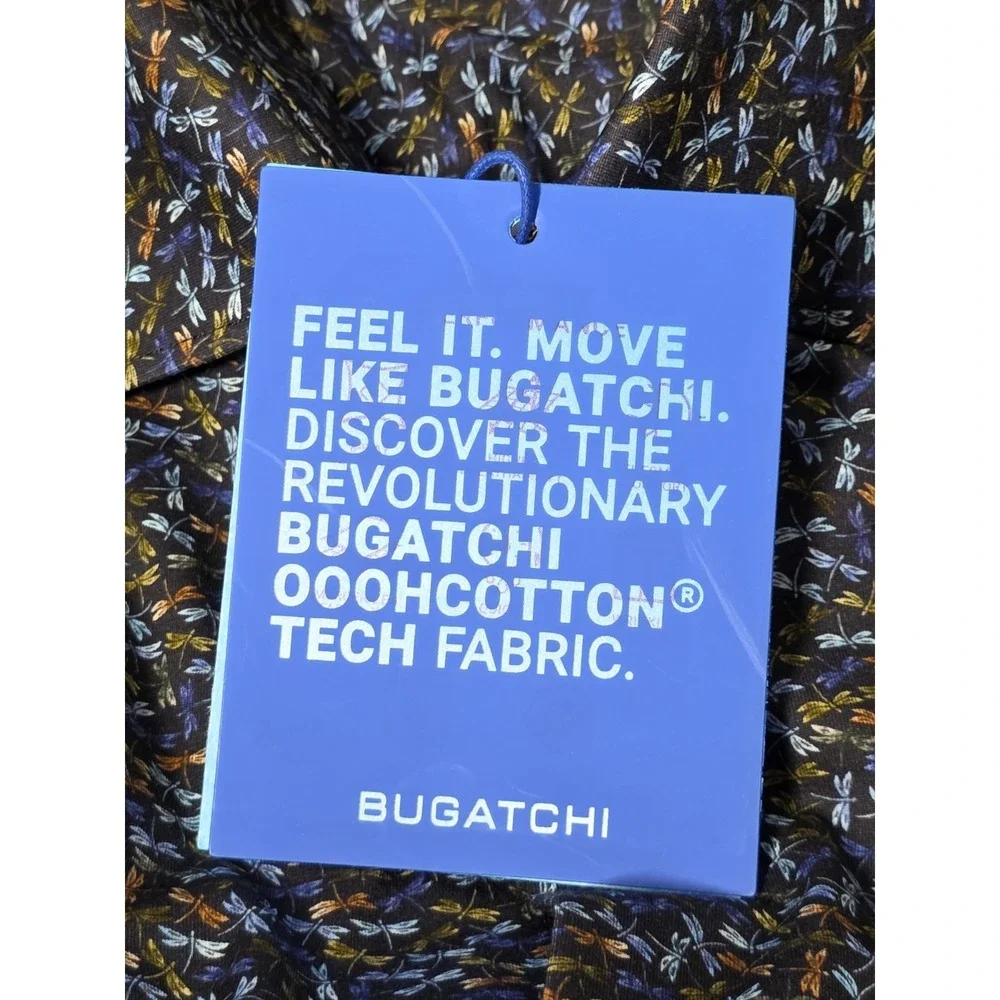 NWT Bugatchi Shirt Mens Lg Ooohcotton Tech Multicolor Dragonfly Fit Button Front